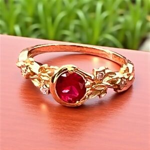 New Handmade 10K Yellow Gold Ruby Ring, Moon and Stars Design, Size 6.5